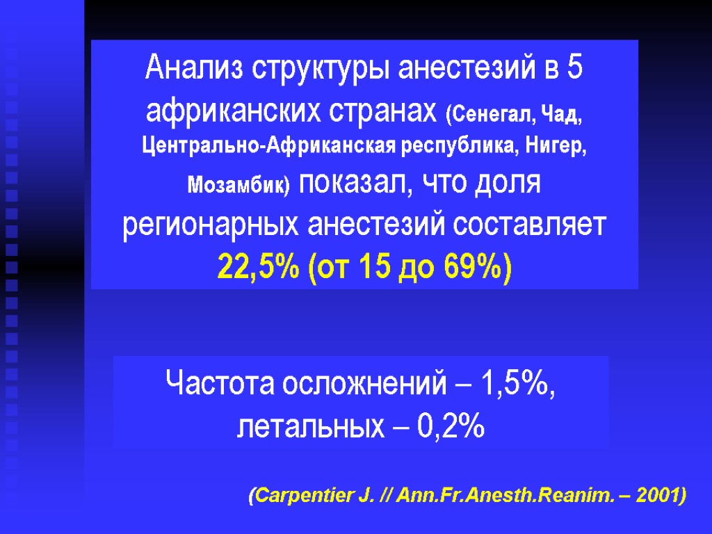 Анализ структуры анестезий в 5 африканских странах (Сенегал, Чад, Центрально-Африканская республика, Нигер, Мозамбик) показал,